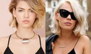 Två kvinnor med snedlugg. Den vänstra har en stor, metallisk halsband. Den högra bär solglasögon och en läderjacka.