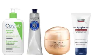 Fyra hudvårdsprodukter: CeraVe rengöring, L'Occitane handkräm, Shiseido nattkräm och Eucerin Aquaphor. Glycerin hudvård för återfuktning.