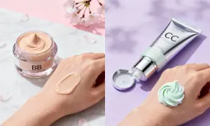 Jämförelse av bb cream vs cc cream: en beige kräm på handen till vänster, en mintgrön kräm på handen till höger.