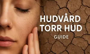 Närbild på ett ansikte med torr hud, som liknar sprickor i jord. Texten "HUDVÅRD TORR HUD GUIDE" syns.