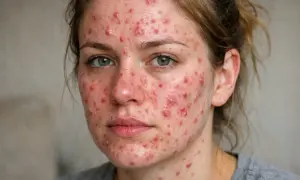 Närbild på en kvinna med svår akne och rodnad i ansiktet, möjligen periorbital dermatit.