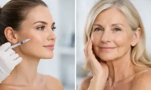 En kvinna får botox. Bredvid, en äldre kvinna med mjuk hud, som en solig dag efter botox.