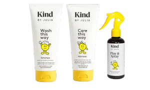 Kind by Julia schampo, hårmask och balsamspray. Perfekt för att reda ut tovigt hår och ge det glans.