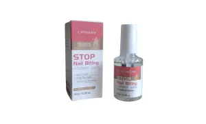 En låda och en flaska med "STOP Nail Biting Treatment Liquid" för att hjälpa dig sluta bita på naglarna.