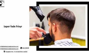 En frisör stylar en herrfrisyr med taper fade. Håret tonas ut snyggt mot nacken.