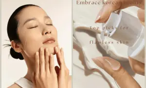Koreansk hudvård 10 steg: en kvinna med sheet mask och en hand som applicerar kräm för en felfri hy.