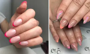 Två bilder visar fransk manikyr på korta naglar. Den vänstra bilden har neonrosa tippar, den högra har pastellfärgade linjer och neonfärger.