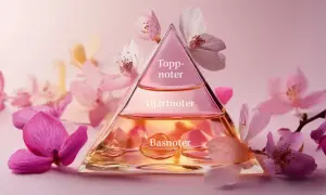 En pyramidformad parfymflaska med texten "Toppnoter", "Hjärtnoter" och "Basnoter" omgiven av rosa och vita blommor. Doftnoter parfym.