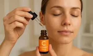 En kvinna med slutna ögon håller en flaska C-vitaminserum och en pipett. Hon förbereder sig för att applicera serumet, en nyckel till hur man får glow i ansiktet.