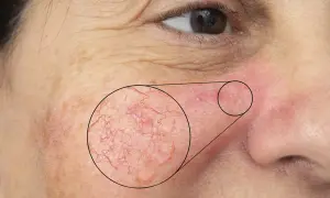 Närbild på kinden visar rodnad och synliga blodkärl, tecken på mild rosacea.