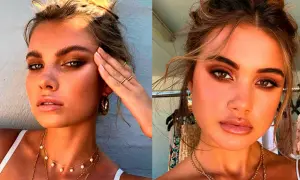 Två kvinnor med solkysst hud och mjukt, varmt smink. Deras ögon är framhävda med bruna toner, en perfekt latte makeup-look.