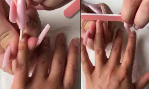 Två bilder visar steg i att göra gelenaglar hemma. En hand filar naglar, en annan förbereder nagelbanden.