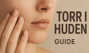 Nära bild på en persons ansikte med synligt yttorr hud. Texten "TORR I HUDEN GUIDE" syns till höger.