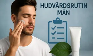 Man applicerar kräm för en normal hud. En checklista och en tub visar en hudvårdsrutin för män.
