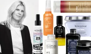 Kvinna med naturligt blont hår omgiven av lyxiga hårvårdsprodukter från märken som Kérastase, Oribe och Aveda.