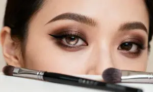 En närbild på ögon med sotad sminkning, eyeliner och glittrande skuggor. Två sminkborstar ligger framför.