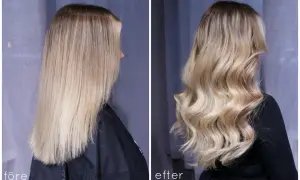 Före och efter-bilder visar en dramatisk förändring med toning på blekt hår. Håret går från rakt och lite livlöst till böljande och glansigt med en varmare ton.