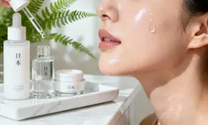En droppe serum faller mot en glänsande hud, omgiven av japanska skönhetsprodukter. J beauty för en strålande lyster.