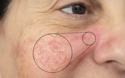 Närbild på kinden visar rodnad och synliga blodkärl, tecken på mild rosacea.