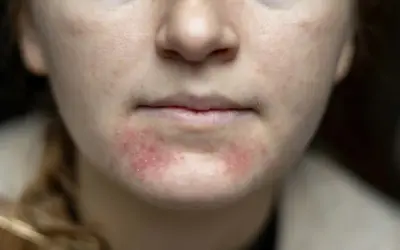 Närbild på en persons mun och haka med rodnad och utslag, tecken på perioral dermatit.