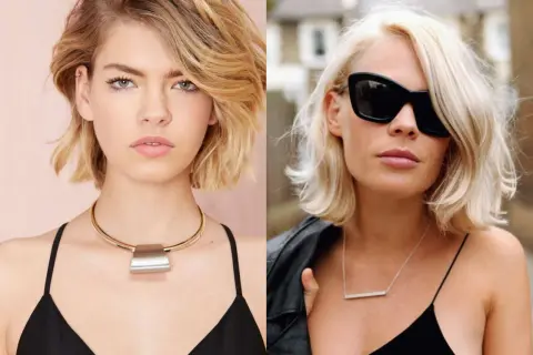 Två kvinnor med snedlugg. Den vänstra har en stor, metallisk halsband. Den högra bär solglasögon och en läderjacka.
