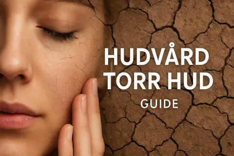 Närbild på ett ansikte med torr hud, som liknar sprickor i jord. Texten "HUDVÅRD TORR HUD GUIDE" syns.