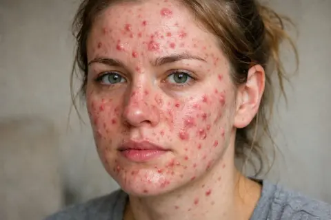 Närbild på en kvinna med svår akne och rodnad i ansiktet, möjligen periorbital dermatit.