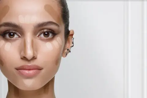 En kvinna förbereder sig för att applicera concealer. Hon har ljusa och mörka nyanser av smink på kinderna, näsan och pannan för att forma ansiktet.