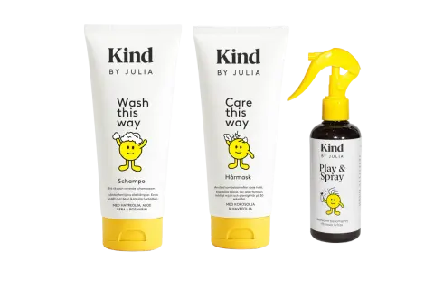 Kind by Julia schampo, hårmask och balsamspray. Perfekt för att reda ut tovigt hår och ge det glans.