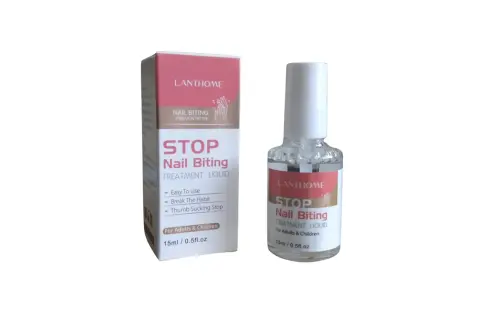 En låda och en flaska med "STOP Nail Biting Treatment Liquid" för att hjälpa dig sluta bita på naglarna.