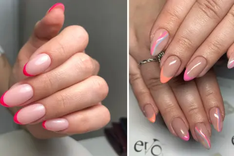 Två bilder visar fransk manikyr på korta naglar. Den vänstra bilden har neonrosa tippar, den högra har pastellfärgade linjer och neonfärger.