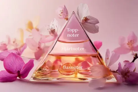 En pyramidformad parfymflaska med texten "Toppnoter", "Hjärtnoter" och "Basnoter" omgiven av rosa och vita blommor. Doftnoter parfym.