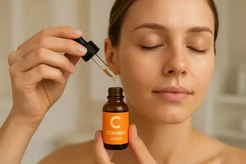 En kvinna med slutna ögon håller en flaska C-vitaminserum och en pipett. Hon förbereder sig för att applicera serumet, en nyckel till hur man får glow i ansiktet.