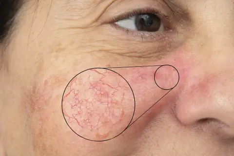Närbild på kinden visar rodnad och synliga blodkärl, tecken på mild rosacea.