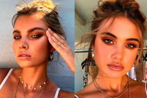 Två kvinnor med solkysst hud och mjukt, varmt smink. Deras ögon är framhävda med bruna toner, en perfekt latte makeup-look.