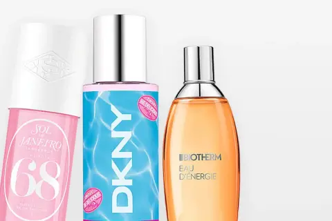 Tre parfymer: Sol de Janeiro, DKNY Be Delicious och Biotherm Eau d'Énergie. Eau de toilette betyder lättare doft.