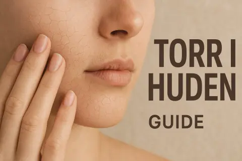 Nära bild på en persons ansikte med synligt yttorr hud. Texten "TORR I HUDEN GUIDE" syns till höger.