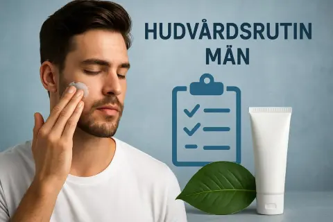 Man applicerar kräm för en normal hud. En checklista och en tub visar en hudvårdsrutin för män.