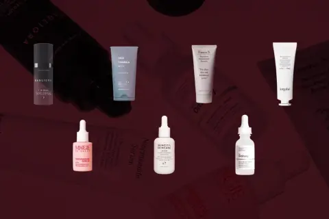 En samling av olika hudvårdsprodukter med niacinamid, som serum och krämer, för en klarare hud.