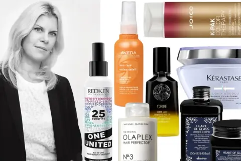 Kvinna med naturligt blont hår omgiven av lyxiga hårvårdsprodukter från märken som Kérastase, Oribe och Aveda.
