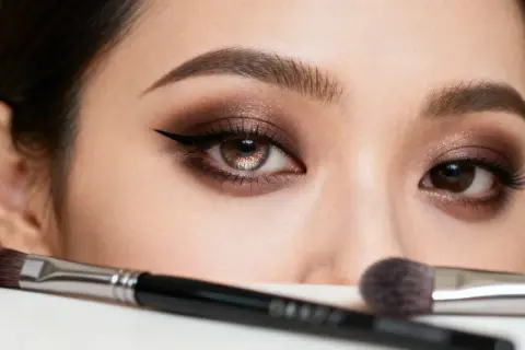 En närbild på ögon med sotad sminkning, eyeliner och glittrande skuggor. Två sminkborstar ligger framför.