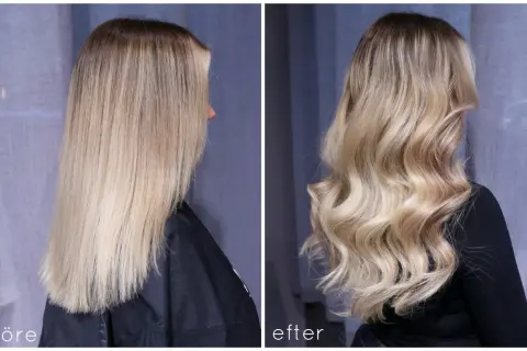 Före och efter-bilder visar en dramatisk förändring med toning på blekt hår. Håret går från rakt och lite livlöst till böljande och glansigt med en varmare ton.