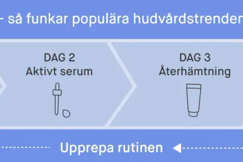 Schema för "skin cycling": dag 1 exfoliering, dag 2 aktivt serum, dag 3 & 4 återhämtning. Rutinen upprepas.