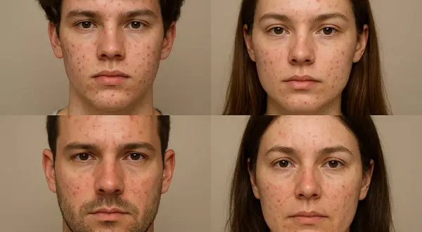 Fyra ansikten, två män och två kvinnor, visar upp rodnader och utslag som tyder på cystisk akne.