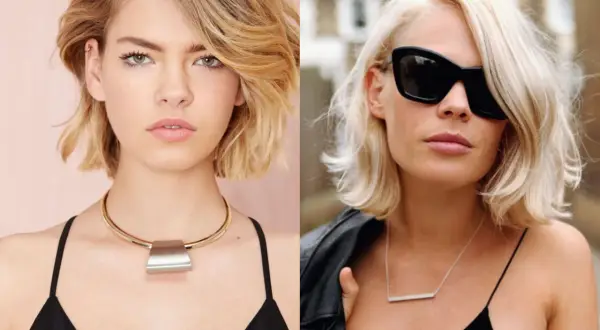 Två kvinnor med snedlugg. Den vänstra har en stor, metallisk halsband. Den högra bär solglasögon och en läderjacka.