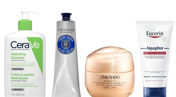 Fyra hudvårdsprodukter: CeraVe rengöring, L'Occitane handkräm, Shiseido nattkräm och Eucerin Aquaphor. Glycerin hudvård för återfuktning.