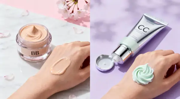 Jämförelse av bb cream vs cc cream: en beige kräm på handen till vänster, en mintgrön kräm på handen till höger.