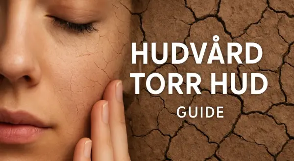 Närbild på ett ansikte med torr hud, som liknar sprickor i jord. Texten "HUDVÅRD TORR HUD GUIDE" syns.