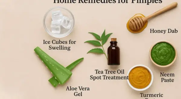 Naturliga botemedel för en inflammerad finne: is, aloe vera, tea tree-olja, honung, neem och gurkmeja.