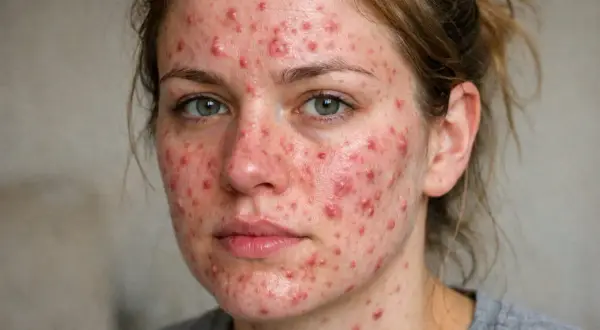 Närbild på en kvinna med svår akne och rodnad i ansiktet, möjligen periorbital dermatit.